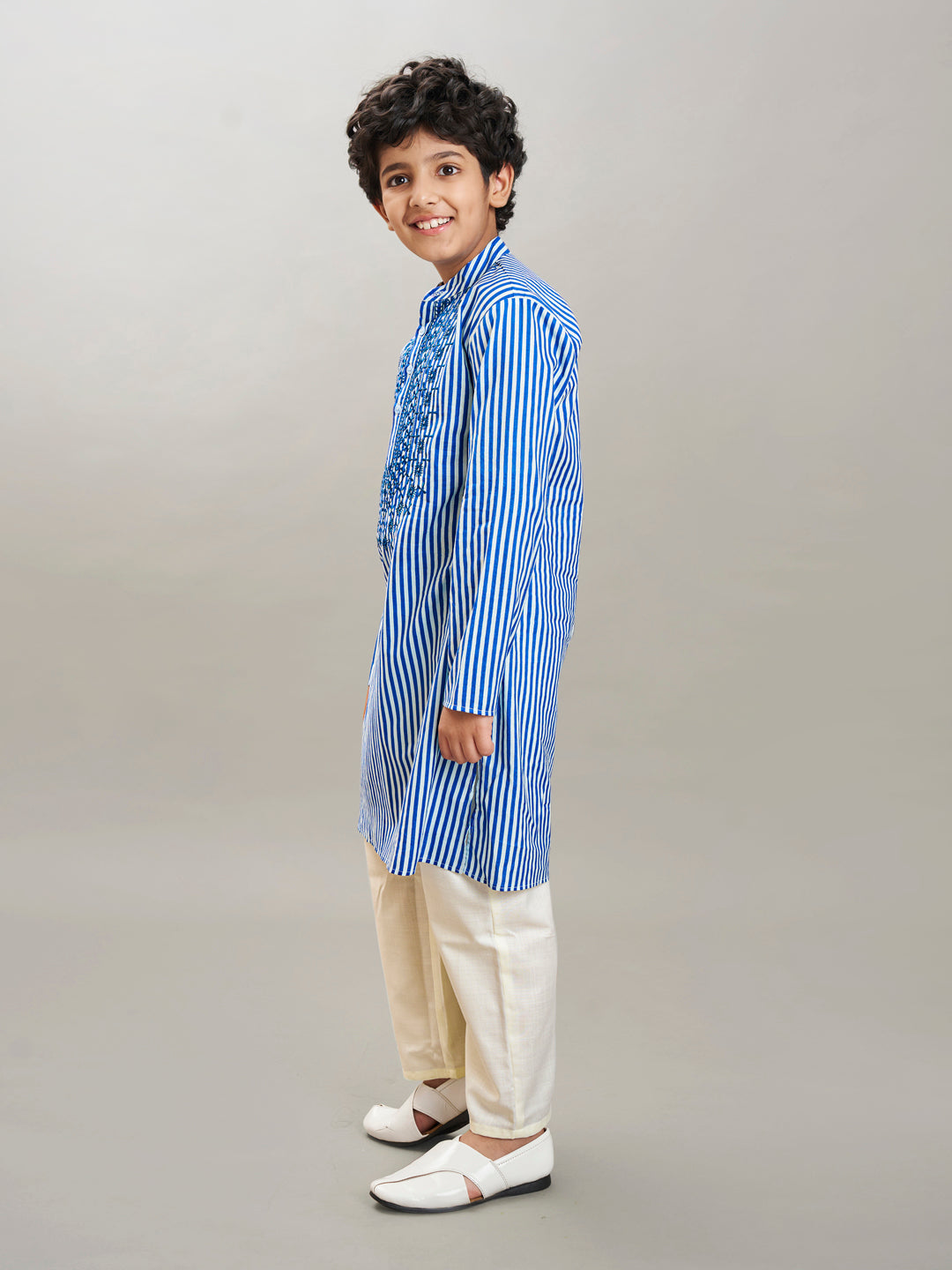 Boys blue white stripe embroidery kurta with a off  white pajama