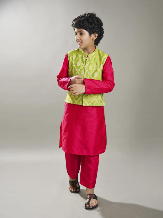 Boys off Pink kurta pajama with a green jacquard booti jacket